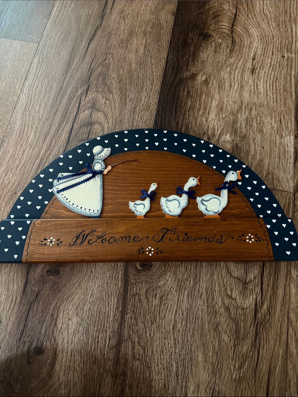 Welcome Friends Wooden geese hand painted Wall Plaque in Navy and White-vintage